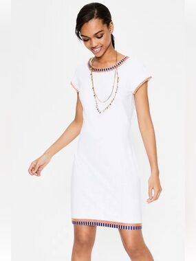 Boden Sena Embroidered Jersey Dress Sz 2 White Shift Nautical Trim Coastal Chic